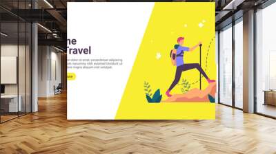 backpacker travel adventure concept. outdoor vacation recreation in nature theme of hiking, climbing and trekking with people character. template for landing page, banner, poster, ad or print media Wall mural