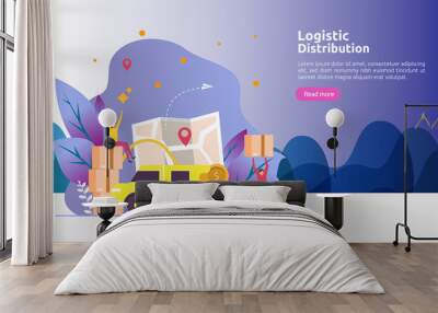 global logistic distribution service illustration concept. delivery worldwide import export shipping banner with people character for web landing page, presentation, social, poster or print media. Wall mural