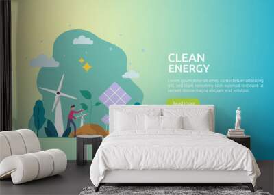 green clean energy sources. renewable electric sun solar panel and wind turbines. environmental concept with people character. web landing page template, banner, presentation, social, and print media. Wall mural