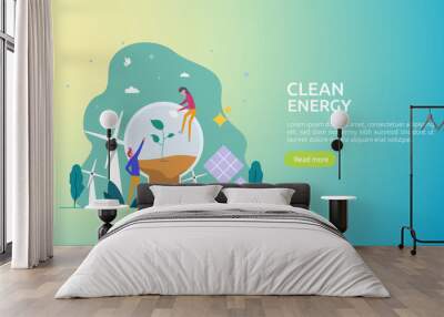 green clean energy sources. renewable electric sun solar panel and wind turbines. environmental concept with people character. web landing page template, banner, presentation, social, and print media. Wall mural