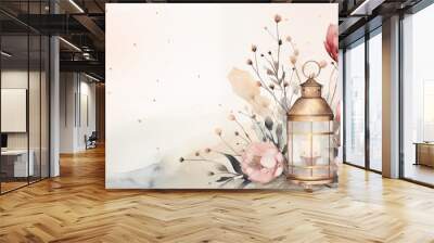 Ramadan kareem and eid fitr islamic concept background lantern illustration in watercolor painting style for wallpaper, poster, greeting card and flyer. Wedding invitation style. Wall mural