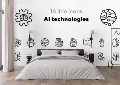 AI technologies line icon set. Brain, bot, algorithm, circuit board. Artificial intelligence concept. Can be used for topics like science, robotics, machine learning Wall mural