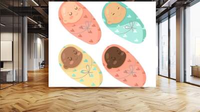 Babies swaddled in colorful blankets vector set. Cartoon illustrations of smiling multiracial babies wrapped in colorful blankets isolated on white background. Infant, childhood concept. Wall mural