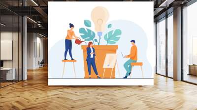 Business team discussing new ideas and innovations. Group of people growing lightbulb plant. Vector illustration for teamwork, ecology, innovation, growth, eco energy concept Wall mural