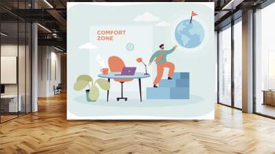 Businessman exiting from comfort zone. Man making life or work change and finding way out of comfort zone flat vector illustration. Motivation and inspiration, success and achievements concept Wall mural