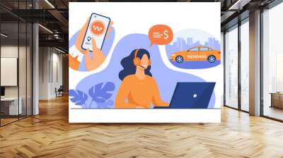 Cab online ordering process. Hands of passenger using taxi service application on cell, dispatcher in headset taking order. For mobile app, taxicab, city transport concept Wall mural