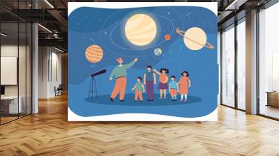 Cartoon children on school trip to planetarium with teacher. Kids learning about space and planets flat vector illustration. Astronomy, education concept for banner, website design or landing web page Wall mural