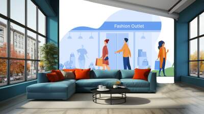 Consumers walking along street near apparel store flat vector illustration. Shop mannequins in showcase windows. Fashion outlet, consumerism and boutique mall concept Wall mural