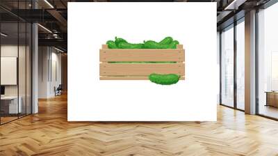 Cucumbers in wooden box vector illustration. Cartoon drawing of cucumbers from farm or garden for export isolated on white background. Organic food, farming, gardening concept Wall mural