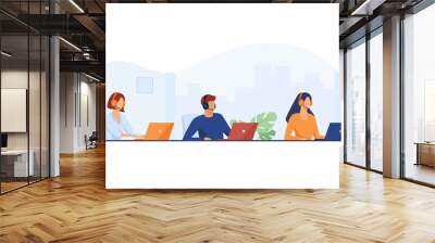 Customer support representatives working in call center. People in headset working at laptop in office flat vector illustration. Support service concept for banner, website design or landing web page Wall mural