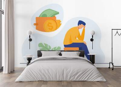 Depressed sad man thinking over financial problems and debts. Businessman broke, needing money, having unpaid loan. Vector illustration for bankruptcy, loss, crisis, trouble concept Wall mural