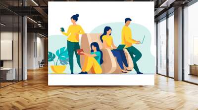 Digital device users spending time together. Group of men and women using laptop computers, tablet, smartphone. Vector illustration for web browsing, internet surfing, public access concept Wall mural