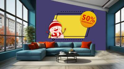 Discount coupon design with cartoon funny snowman. Creative design of round yellow sale sign with cartoon character of snowman on abstract background. Can be used for posters, banners, coupons Wall mural