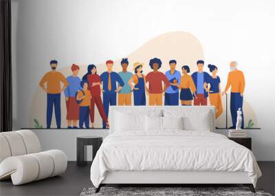 Diverse crowd of people of different ages and races. Multiracial community members standing together. Vector illustration for civil society, diversity, multinational public concept Wall mural