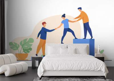 Employees giving hands and helping colleagues to walk upstairs. Team giving support, growing together. Vector illustration for teamwork, mentorship, cooperation concept Wall mural