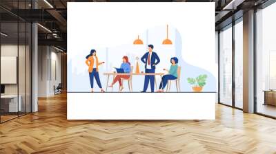 Employees meeting in office kitchen and drinking coffee. Team of workers talking during coffee break. Vector illustration for teamwork, lunch, corporate communication concept Wall mural