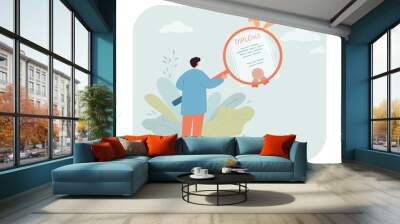 Employer looking through magnifying glass at diploma of graduate. Tiny man in search of employee flat vector illustration. HR, education concept for banner, website design or landing web page Wall mural