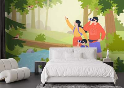 Family watching birds with binoculars in forest. Group of people observing birds in park flat vector illustration. Nature, family, ornithology, hobby concept for banner, website design or landing page Wall mural