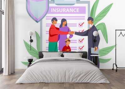 Father shaking hands with insurance agent. Family life insurance flat vector illustration. Insurance concept for banner, website design or landing web page Wall mural