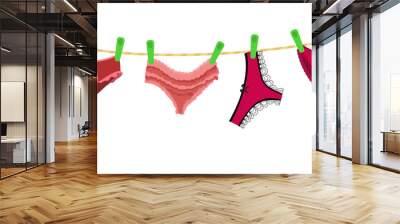 Female underwear hanging on clothes line vector illustration. Cartoon drawing of pink panties on rope with green pegs isolated on white background. Underwear, fashion concept Wall mural