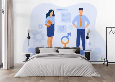 Gender equality concept. Equal business man and woman on balance scale. Male and female employees with equal career opportunities. Workforce without gender discrimination Wall mural