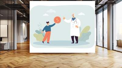 Girl giving gold coin to doctor flat vector illustration. Patient paying therapist for appointment, treatment or home visit. Health care cost concept for banner, website design or landing web page Wall mural