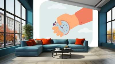 Hand holding timer flat vector illustration. Person with stop-watch or timekeeper running out clock. Countdown, time management concept for banner, website design or landing web page Wall mural