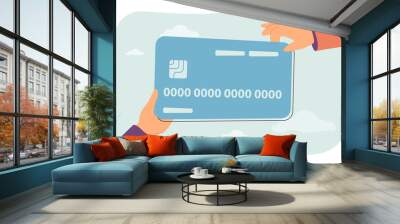 Hands of consumer holding big credit card. People paying money for orders, shopping in store flat vector illustration. Bank, payment, finance concept for banner, website design or landing web page Wall mural