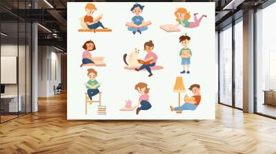 Happy children reading book cartoon illustration set. Smart girls and boys lying, sitting, studying at home with funny cat. Education, leisure, hobby, library concept Wall mural