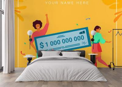 Happy girl and guy winning billion of cash, getting money prize, holding bank check. Flat vector illustration for grant, lottery winner, jackpot concept Wall mural