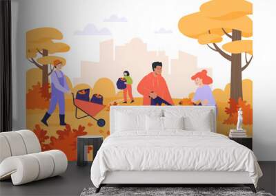 Happy people gathering fallen leaves in city park together. Cartoon volunteers cleaning garden or park flat vector illustration. Volunteering, gardening, autumn concept for banner or landing web page Wall mural