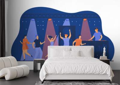 Happy young people dancing in club isolated flat vector illustration. Cartoon characters enjoying dance at disco night party. DJ scene performance and entertainment concept Wall mural