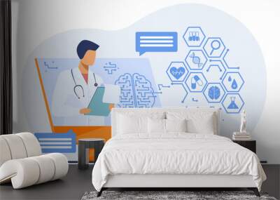 Innovative solutions in medicine vector illustration. Computer with online doctor and AI brain. Telemedicine, artificial intelligence concept Wall mural