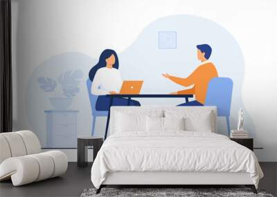 Job interview conversation. HR manager and employee candidate meeting and talking. Man and woman sitting at table and discussing career. Business or human resource concept Wall mural