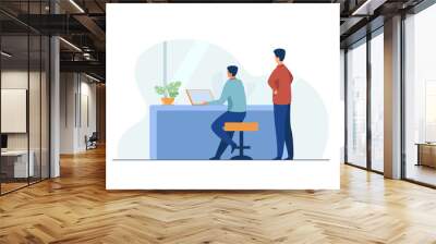 Man working on laptop and boss watching. Job, table, computer flat vector illustration. Occupation and digital technology concept for banner, website design or landing web page Wall mural