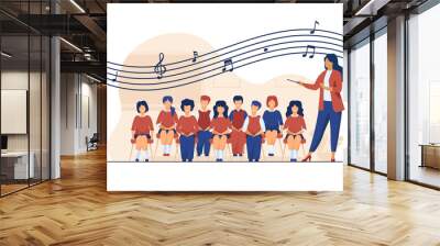 Music lesson at school. Conductor with baton standing choir of singing kids flat vector illustration. Choir, activity, hobby concept for banner, website design or landing web page Wall mural