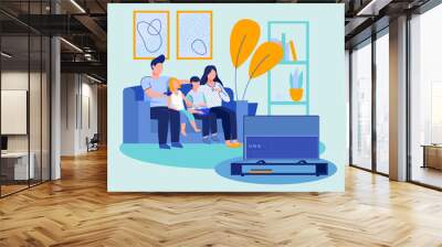 Parent couple, boy and girl watching TV. Parents with two kids, popcorn sitting together on couch, enjoying movie. Vector illustration for home interior, living room, entertainment concept Wall mural