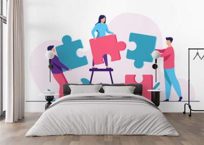 Partners holding big jigsaw puzzle pieces flat vector illustration. Successful partnership, communication and collaboration metaphor. Teamwork and business cooperation concept. Wall mural