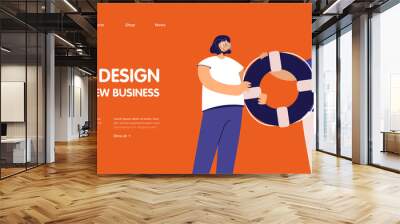 People holding lifebuoy together. Man and woman helping people with problem flat vector illustration. Customer support service, help in crisis concept for banner, website design or landing web page Wall mural