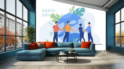 People walking around globe and holding each other by hands flat vector illustration. Tiny people saving world ecology. Big planet at background. Earth day environment saving and nature care concept Wall mural