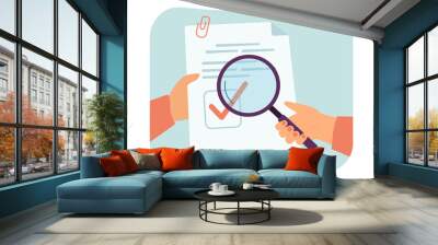 Person looking at approved document through magnifier. Contract with green check mark flat vector illustration. Signature, certificate, permission concept for banner, website design or landing web Wall mural