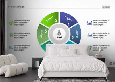 Pie chart with six parts template. Business data. Diagram, infographic, design. Creative concept for infographic, template, presentation. Can be used for topics like management, marketing, analysis. Wall mural