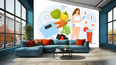 Plump woman with dumbbells doing sport vector illustration. Healthy food, tape measure, weigh scales, heart rate monitor watches, healthy organs and bones. Obesity problems, health concept Wall mural