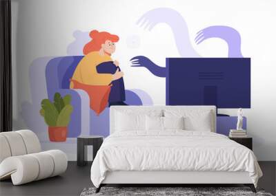 scared cartoon woman watching horror movie or thriller alone. female character watching scary film o Wall mural