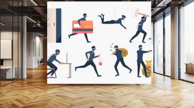 Set of criminals robbing flats. Car burglary, thieves, criminals wearing black clothes. Crime concept. Vector illustration for webpage, landing page Wall mural