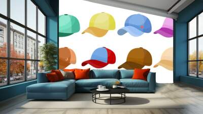 Side view of different baseball caps vector illustrations set. Sports hats with visors for children and adults isolated on white background. Headwear, fashion, summer concept Wall mural