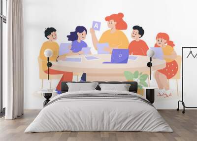 Teacher and children sitting at table in classroom. Girls and boys using tablets, computer or laptop, learning together flat vector illustration. Education, study concept Wall mural