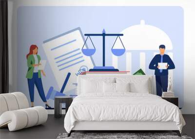 Tiny lawyers with contracts or taxes vector illustration. Cartoon drawing of big scales and gavel, legal workers managing government spending. Finances, economy, law, taxation concept Wall mural