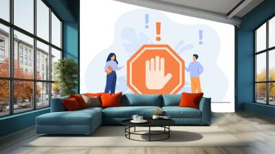 Tiny people standing near prohibited gesture isolated flat vector illustration. Cartoon symbolic warning, danger or safety caution information. Forbidden entry or restricted area concept Wall mural