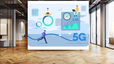 Tiny tech people with 5G elements vector illustration. Cartoon drawing of men with high speed network, futuristic cyberspace. Future, modern technology, internet, telecommunication concept Wall mural